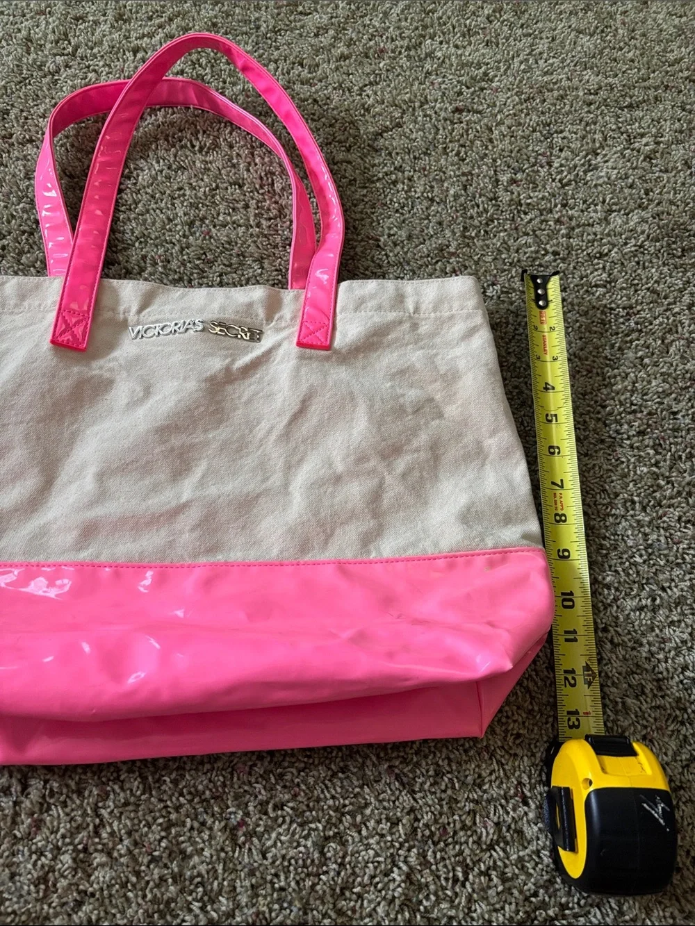 Victoria's Secret Cream & Neon Pink Canvas Beach Tote Bag